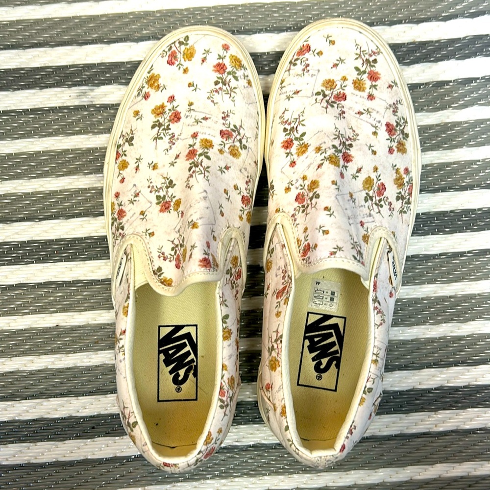 Vans Slip Ons, size 9, pink and yellow roses on white